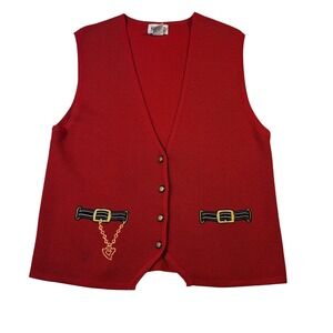 Vintage Koret Sweater Vest Medium Red Wool Blend Novelty‎ Belted Knitwear
